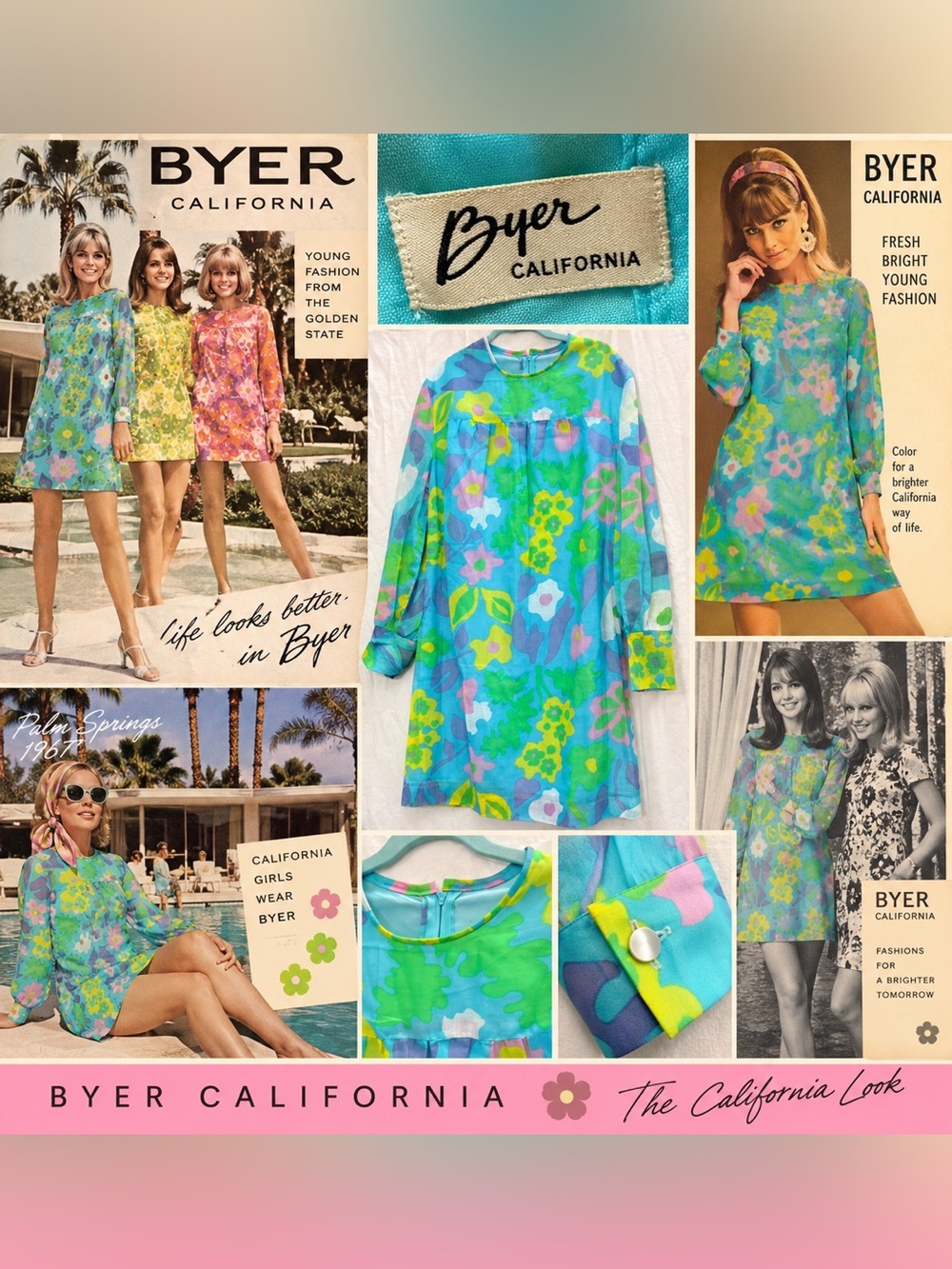VTG 60s Byer California Mod Aqua Blue Floral Mini Dress Psychedelic Flower Power